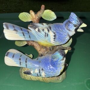 VTG Japan Hand Made/Painted, 2 Blue Jays Porcelain Figurine MID CENTURY MINT